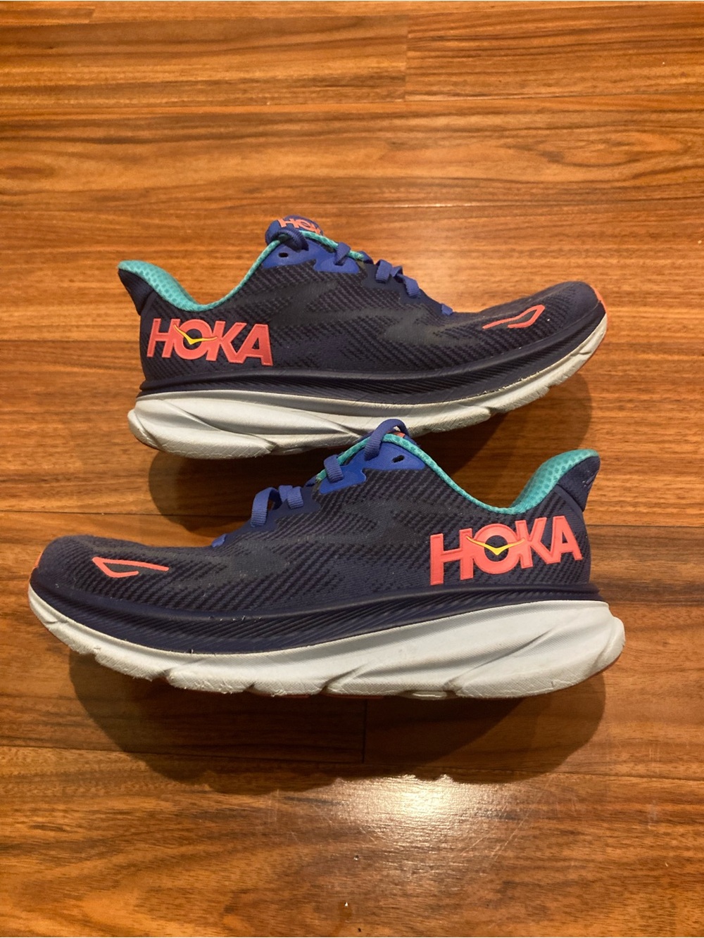 HOKA Clifton 9 Blue/White/Orange Mesh Lace Up Running Shoes Women’s Size 7